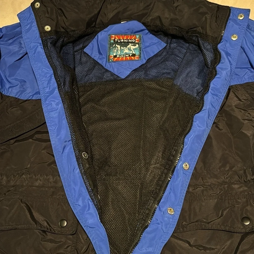 Vintage Turning Point Men's Blue and Black Windbreaker Jacket